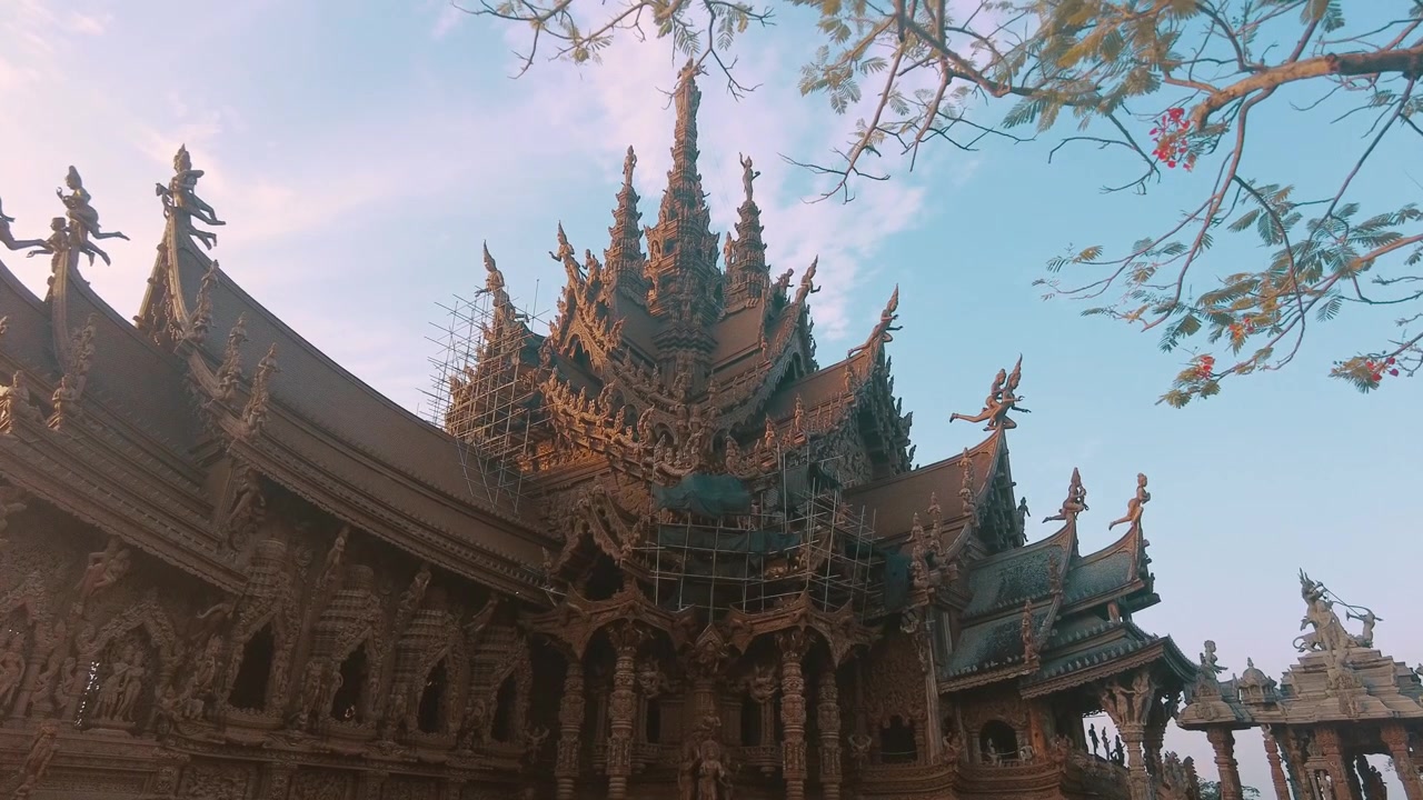The Sanctuary of Truth Museum. under construction in the scaffolding. largest wooden castle temple. Total wide shot.