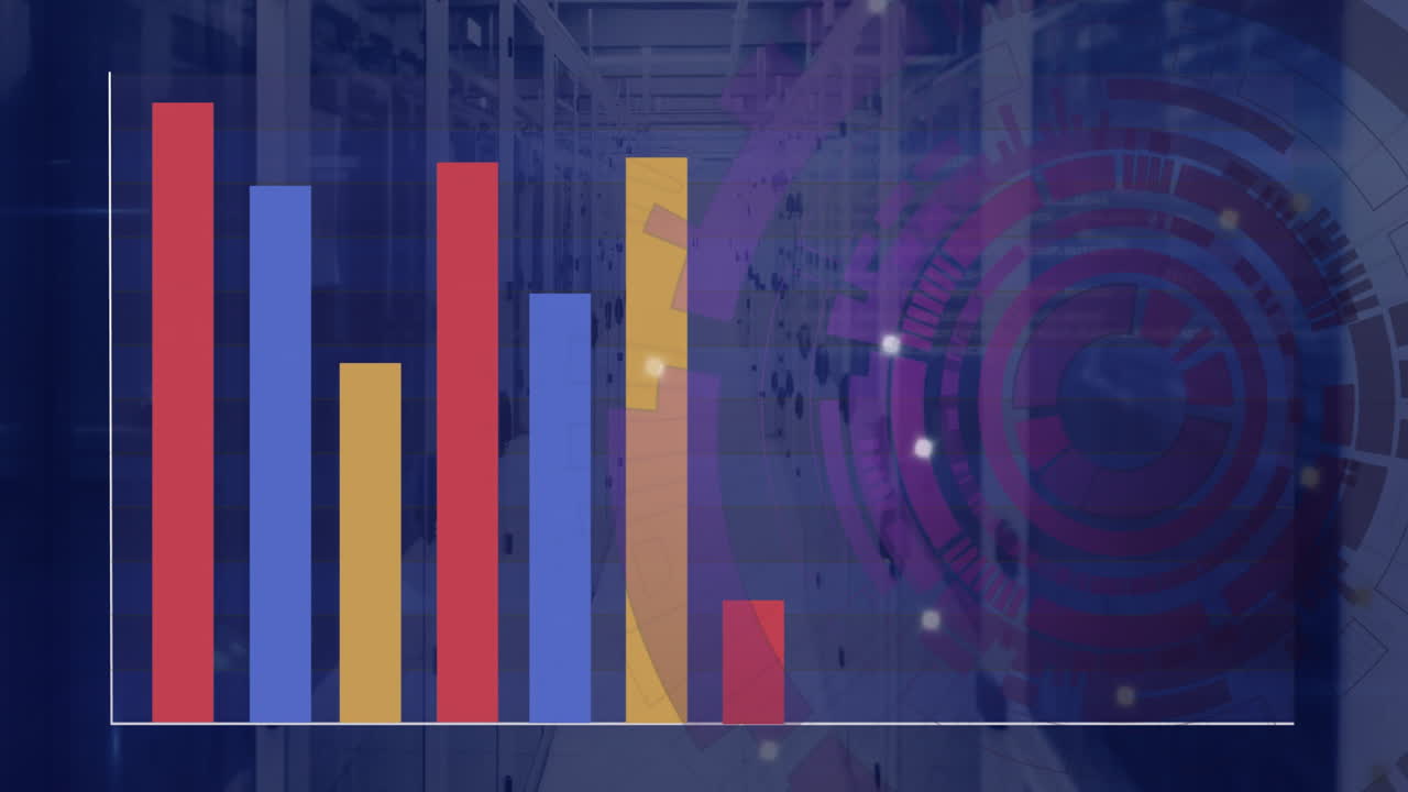 Bar chart with colorful bars over digital network and data processing animation