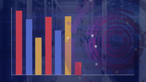 Bar chart with colorful bars over digital network and data processing animation