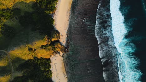 aerial orbiting shot over lombok island with famous bukit merese hills and sandy beaches with crashing waves from the ocean. lombok,indonesia.