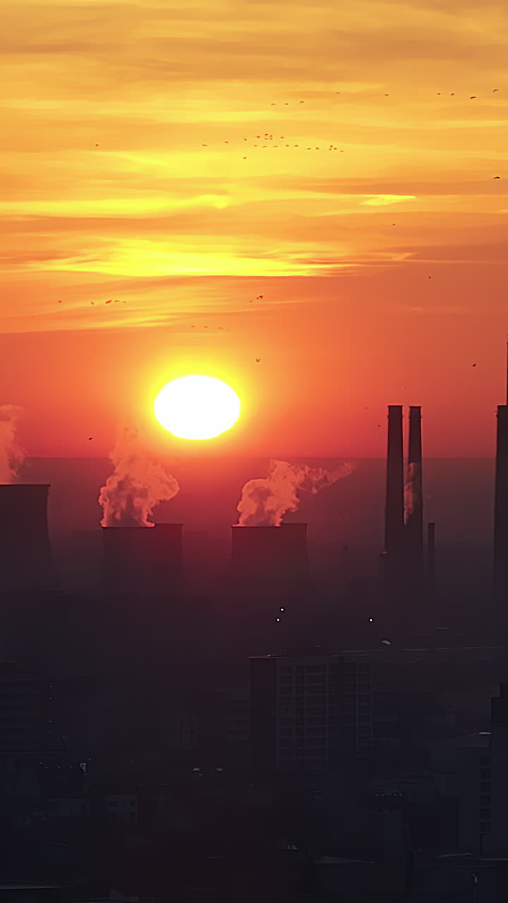 Visão aérea vertical de drone das usinas termelétricas em Bucareste ao pôr do sol, com o sol avermelhado. Pássaros voando. Romênia