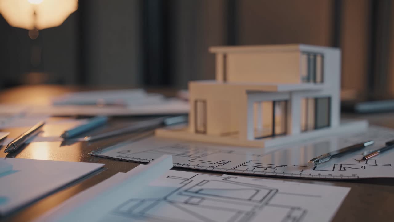 A low-angle video shot of architectural blueprints and a modern house model on a desk