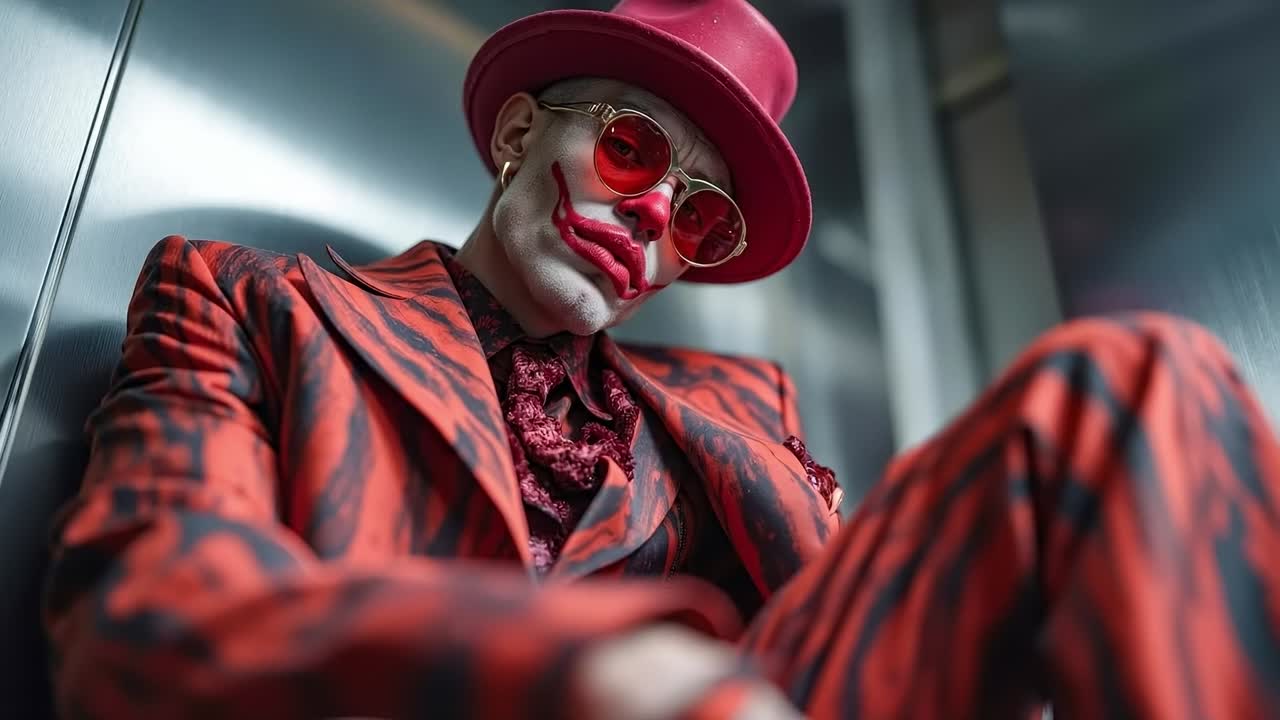 A man dressed as a clown sitting in an elevator