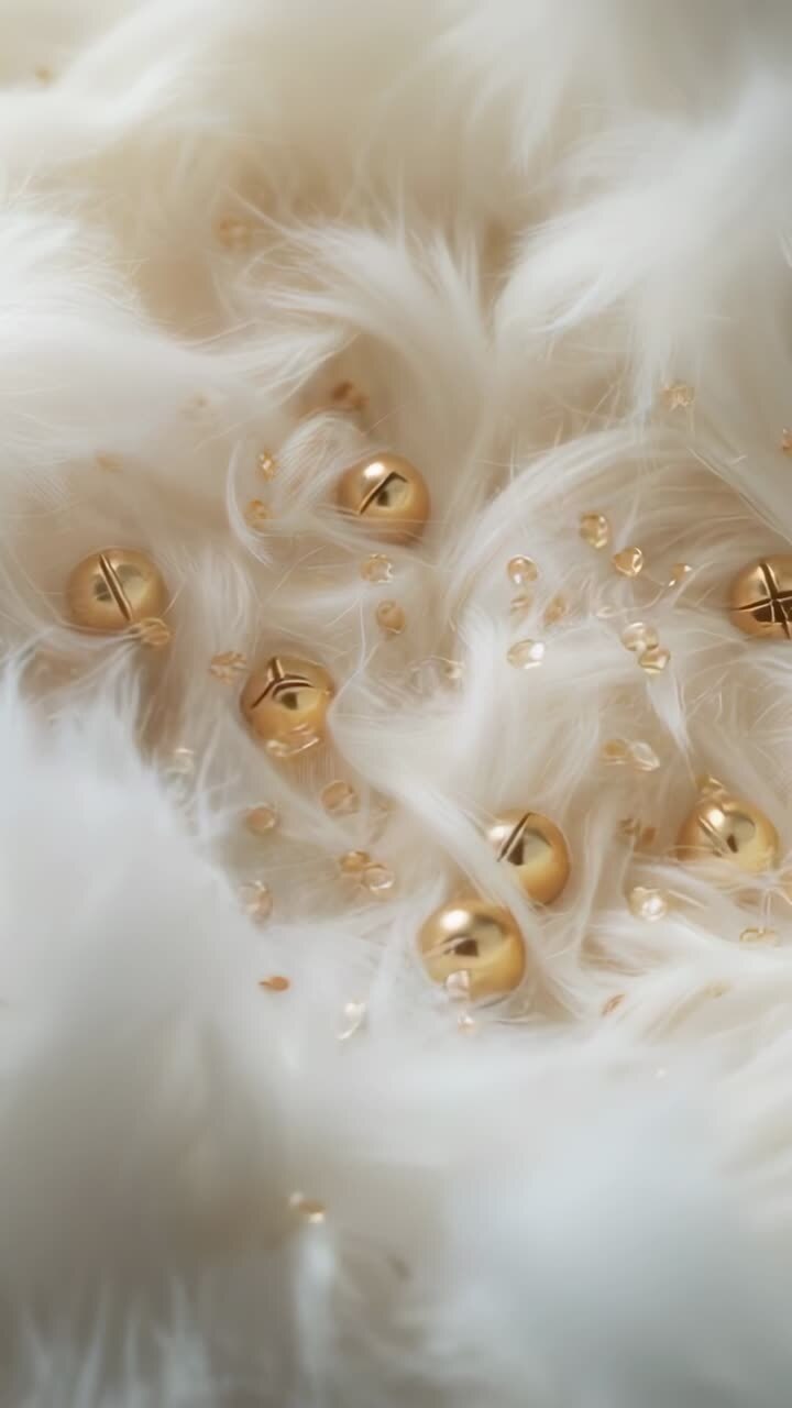 Vertical video: Panning camera revealing golden jingle bells and faceted beads on white faux fur