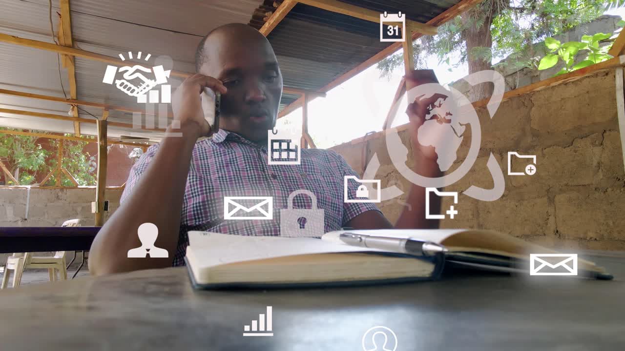 Futuristic graphical design of a man using phone
