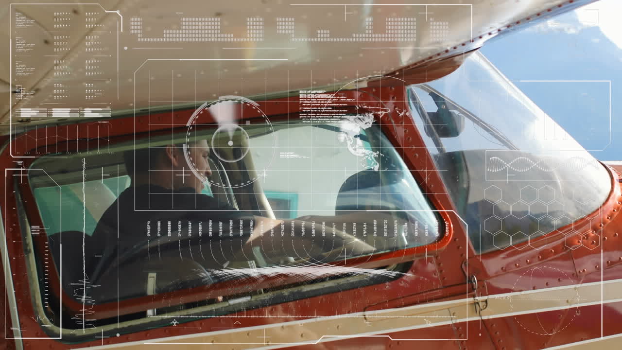 비행기에서 백인 남성 조종사에 대한 데이터 처리의 애니메이션.