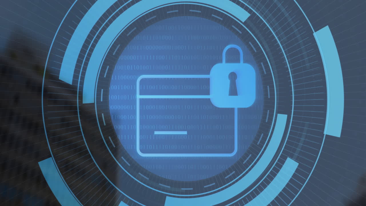 Displaying blue folder outline with padlock on scrolling binary code in animated HUD overlay