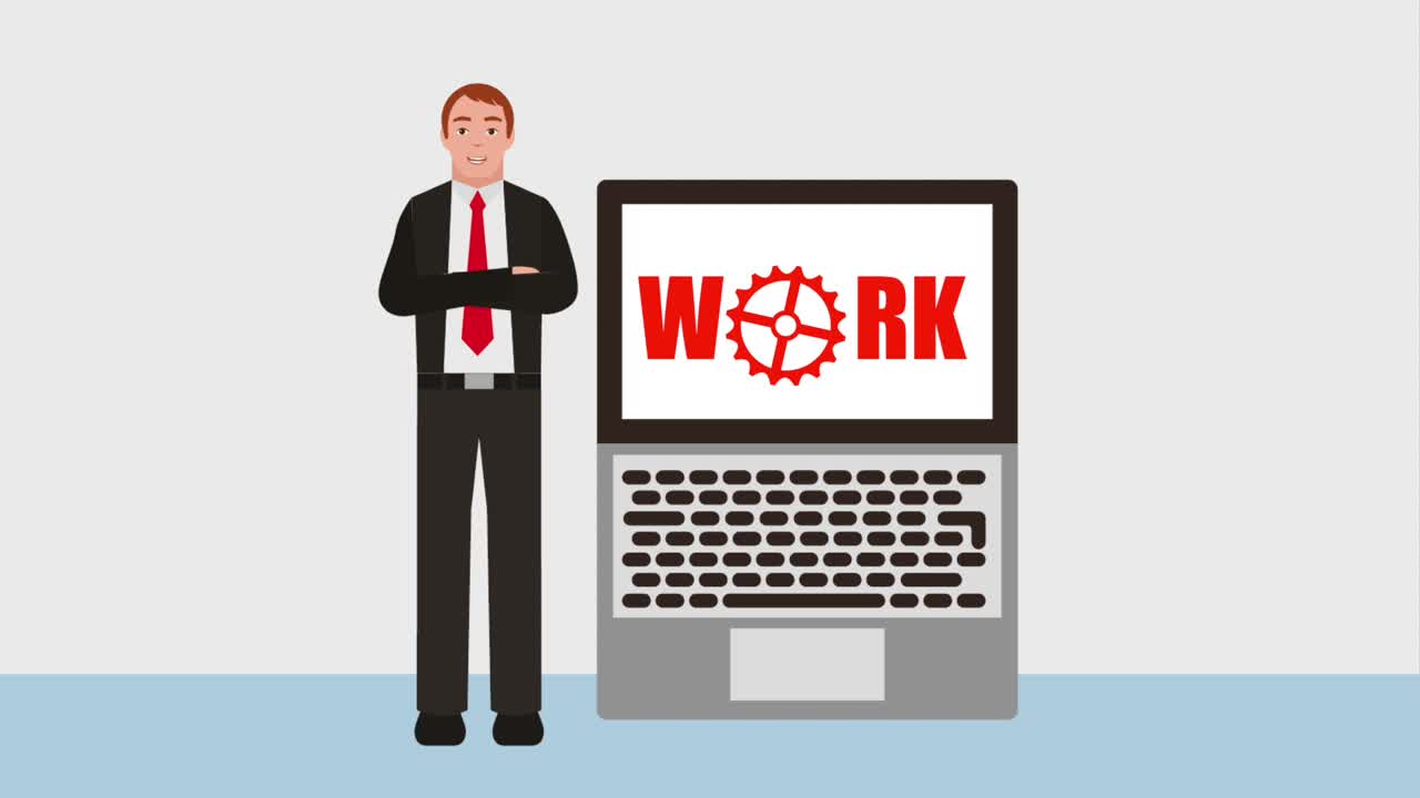 사업가 팔을 접은 노트북 작업 단어 움직임