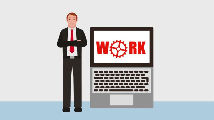 businessman folded arms laptop work word in motion