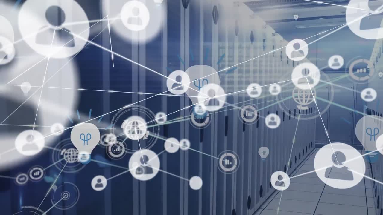 Animation of floating bulb icons with connected icons and lens flare over server room