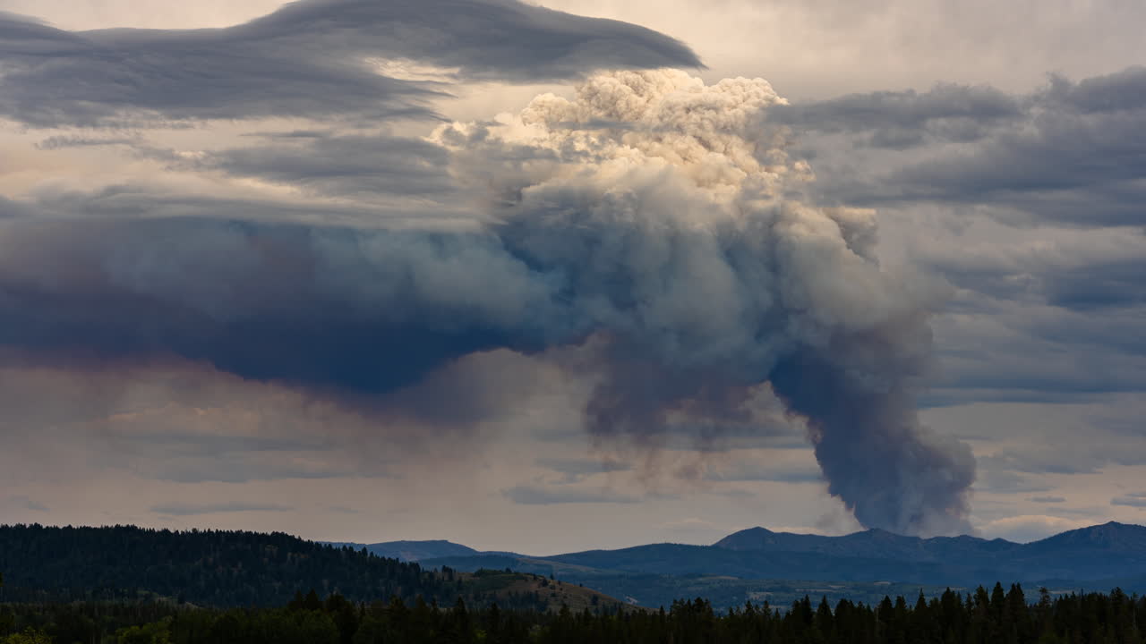 Massive smoke plume from a wildfire in a forested mountain landscape