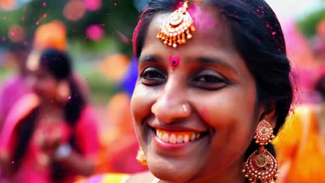 a happy woman celebrating holi