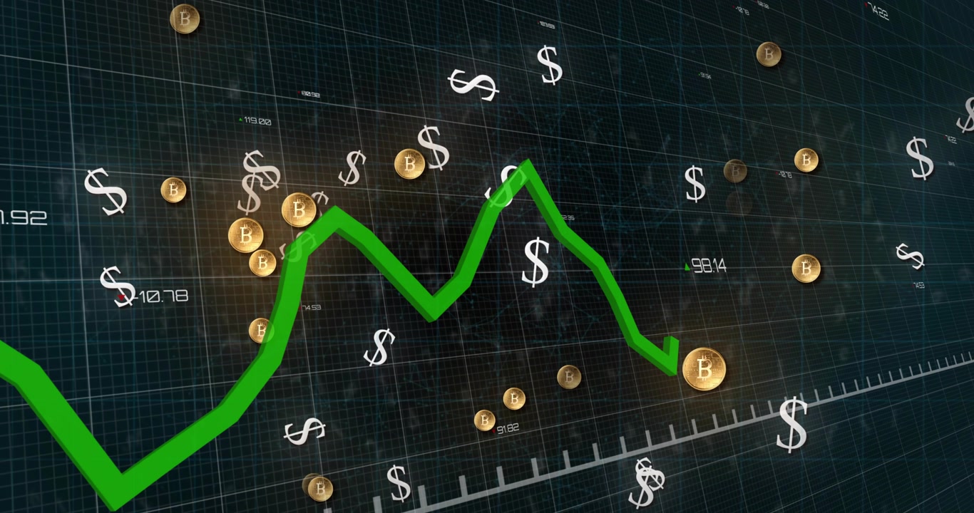 Green trend line entering left and spawning bitcoin coins and dollar signs, visualizing market grid
