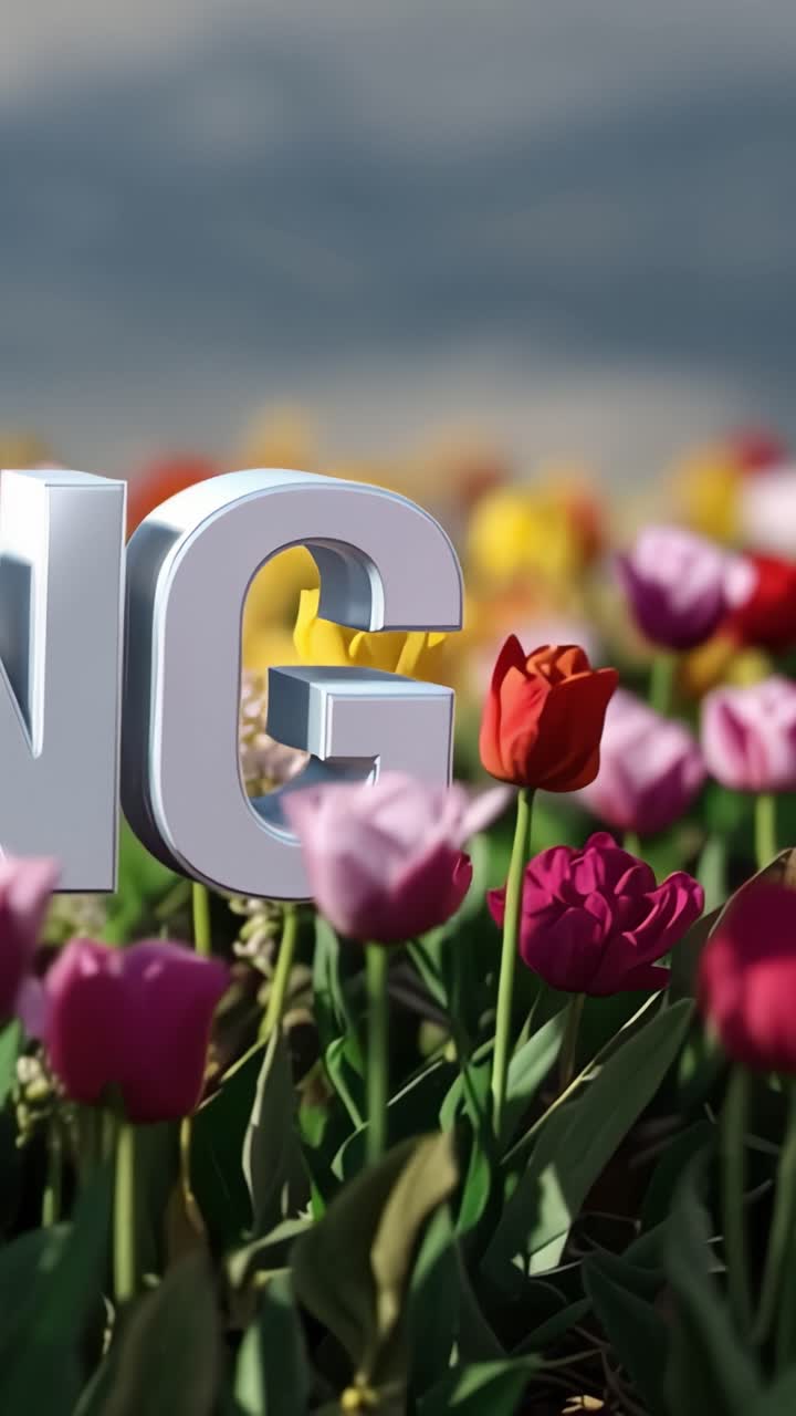 Una vibrante exhibición de flores primaverales con texto llamativo entre un campo de coloridos tulipanes y exuberante vegetación, evocando belleza estacional y renovación