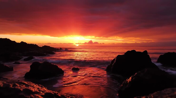 Dramatic orange sunset over a rocky ocean coastline