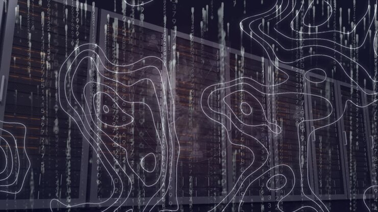 Animation of data processing and line map over server room