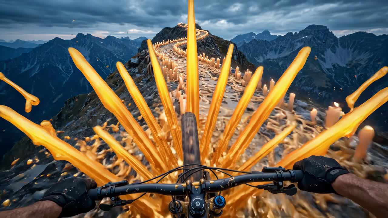 First Person View of Mountain Biking on a Candlelit Ridge