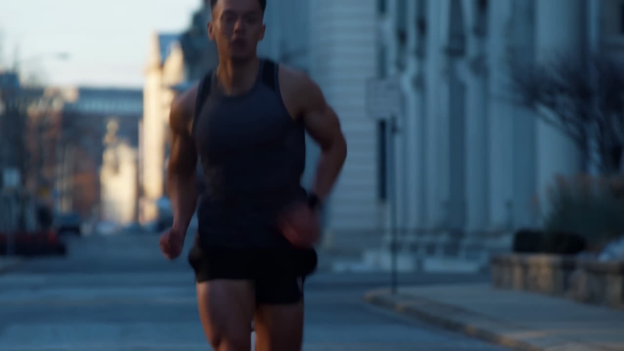 Skupiony sportowiec biegnący po miejskiej drodze