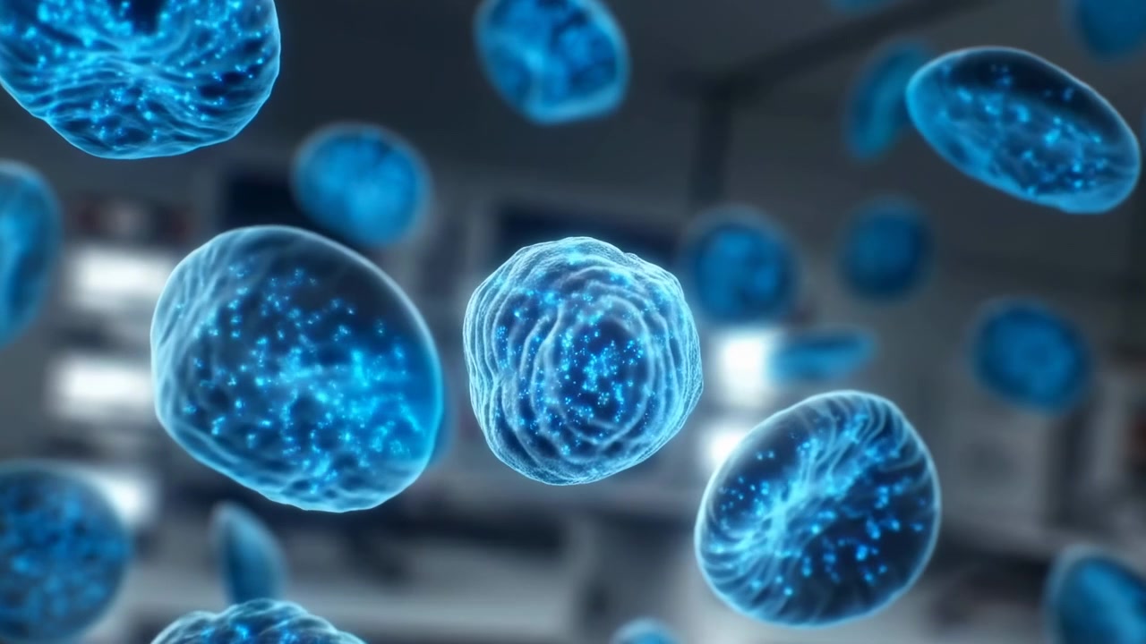 Forme biologiche traslucide blu fluttuano in primo piano con messa a fuoco morbida, illuminazione scientifica fredda e uno sfondo sfocato in stile laboratorio che crea un