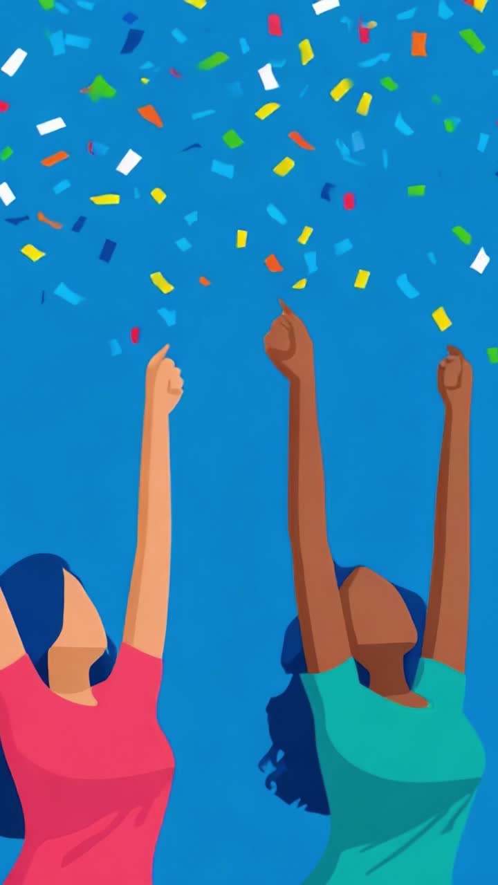 Joyful Celebration of Friendship: Two Women Delightfully Raising Their Hands in Excitement as Colorful Confetti Falls from Above Against a Bright Blue Background