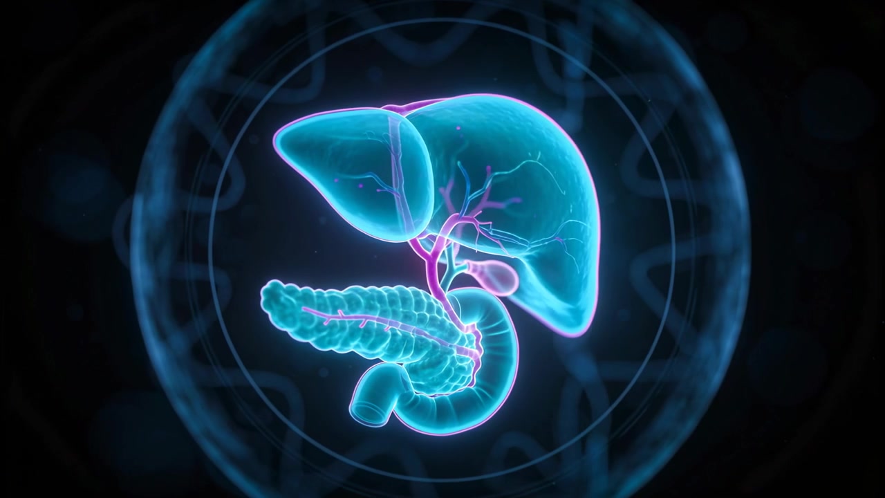 Rotating 3D liver gallbladder pancreas revealing magenta ducts within HUD on render start, teaching