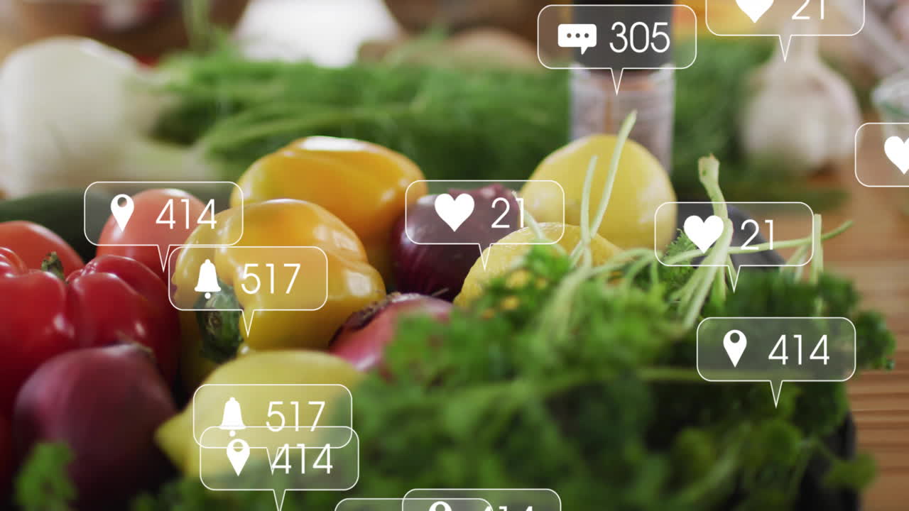 Animation of fresh vegetables with social media notification icons overlaying scene