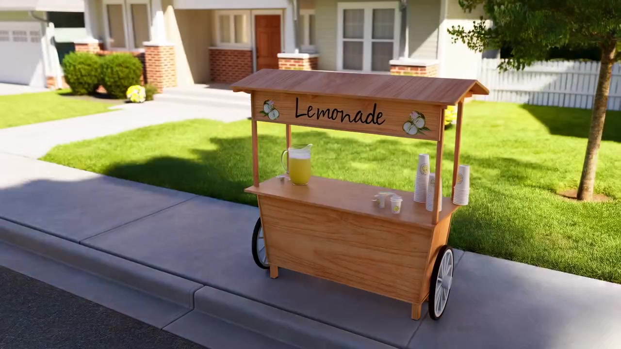 Ein hölzerner Limonadenwagen steht am Bürgersteigrand nahe einem Einfamilienhaus, während ein junges Mädchen am Tresen bedient und Passanten sich verschwommen durch helles Sommerlicht bewegen, was eine freundliche Nachbarschaftsszene schafft.
