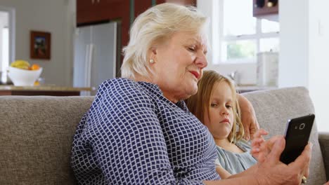 großmutter und enkelin mit mobiltelefon im wohnzimmer 4k