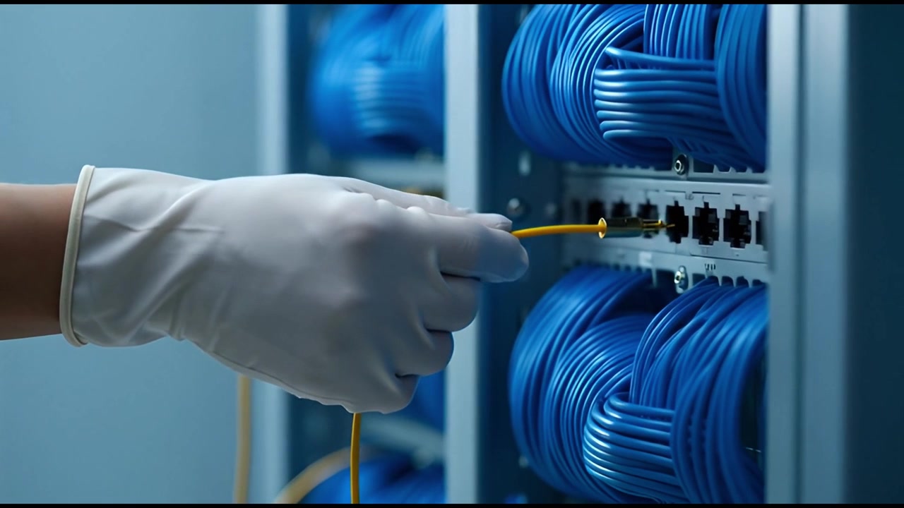 Gloved Hand Connecting Fiber Optic Cable in Data Center