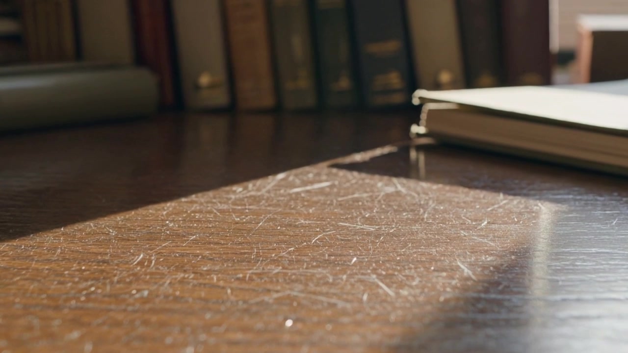 Falling sunlight lighting wooden desk, revealing drifting dust motes in study with notebook, books