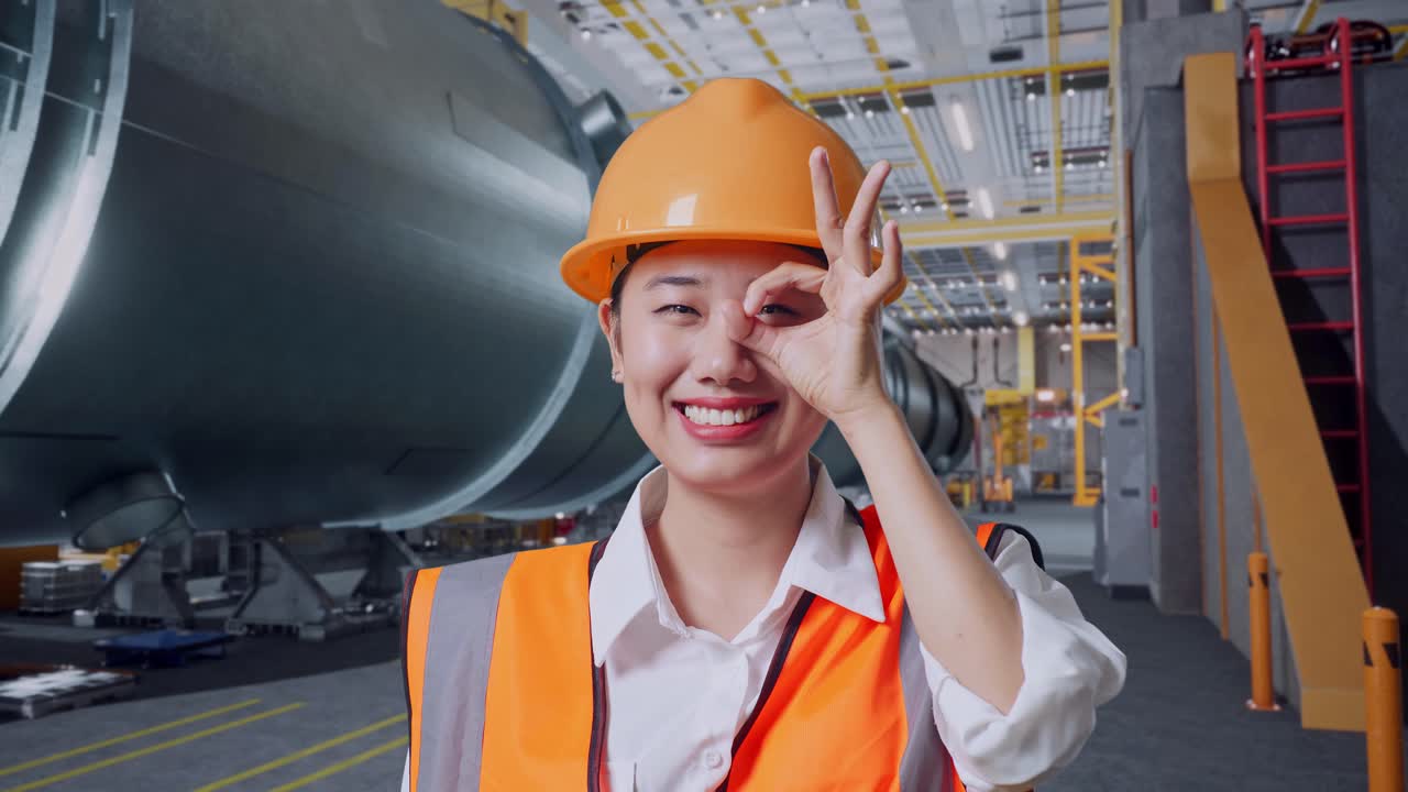 안전 헬을 착용한 아시아 여성 엔지니어의 클로즈업으로,  이 눈 위에 손을 고 파이프 제조 공장에서 서서 카메라를 향해 미소 짓고 있다.