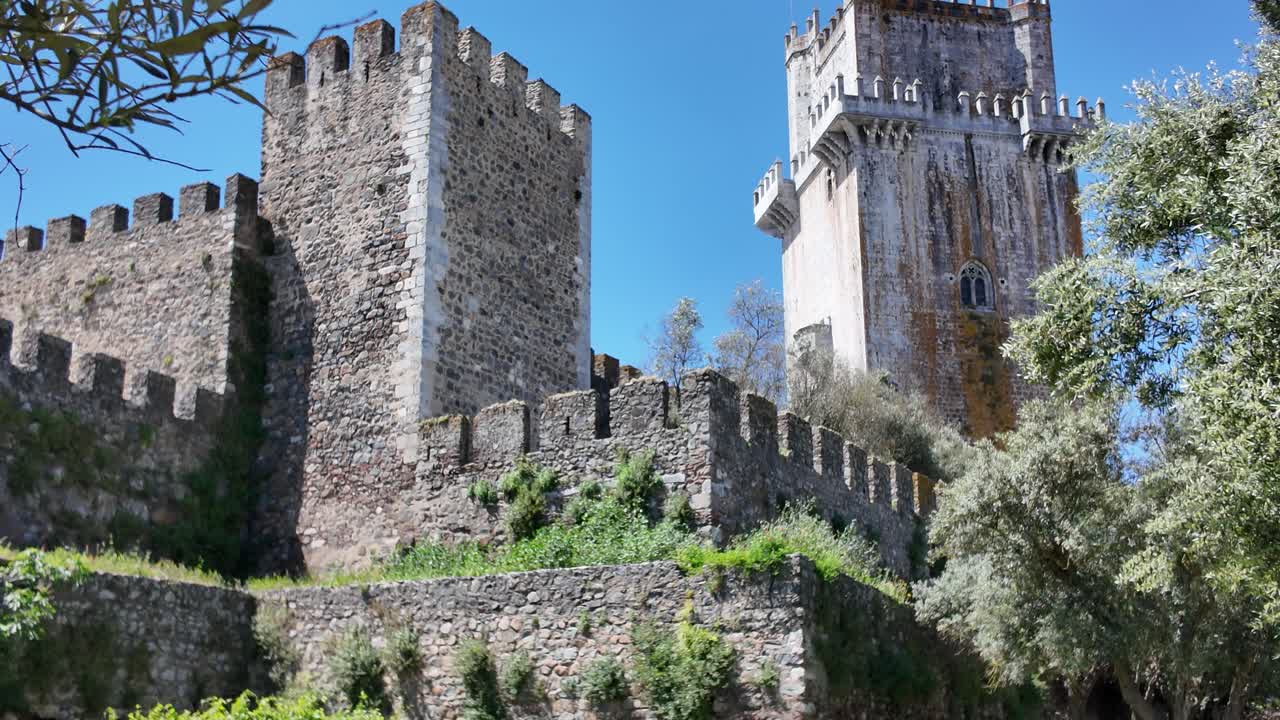 Ancient stone battlements of beja castle in strong daylight, Portugal