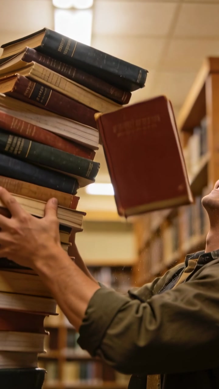 Vertical video: Balancing man in olive shirt steadying stack in library to prevent top book falling