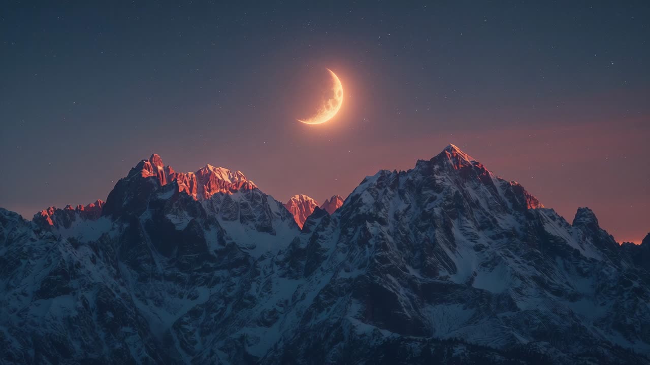 Displaying snow-capped mountain range at alpine dusk, with glowing crescent moon and stars