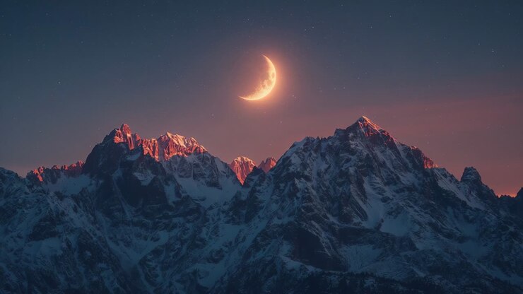 Displaying snow-capped mountain range at alpine dusk, with glowing crescent moon and stars