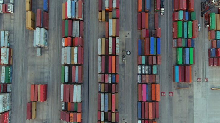 Aerial establishing shot of large shipping port in La Porte, Texas