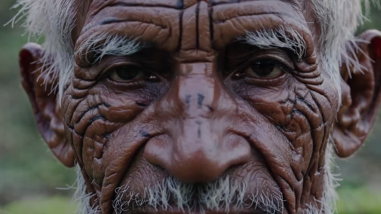 Elderly man with intricate facial tattoos gazes thoughtfully, showcasing deep wrinkles and textured skin, capturing the essence of wisdom and life experiences in a serene outdoor setting