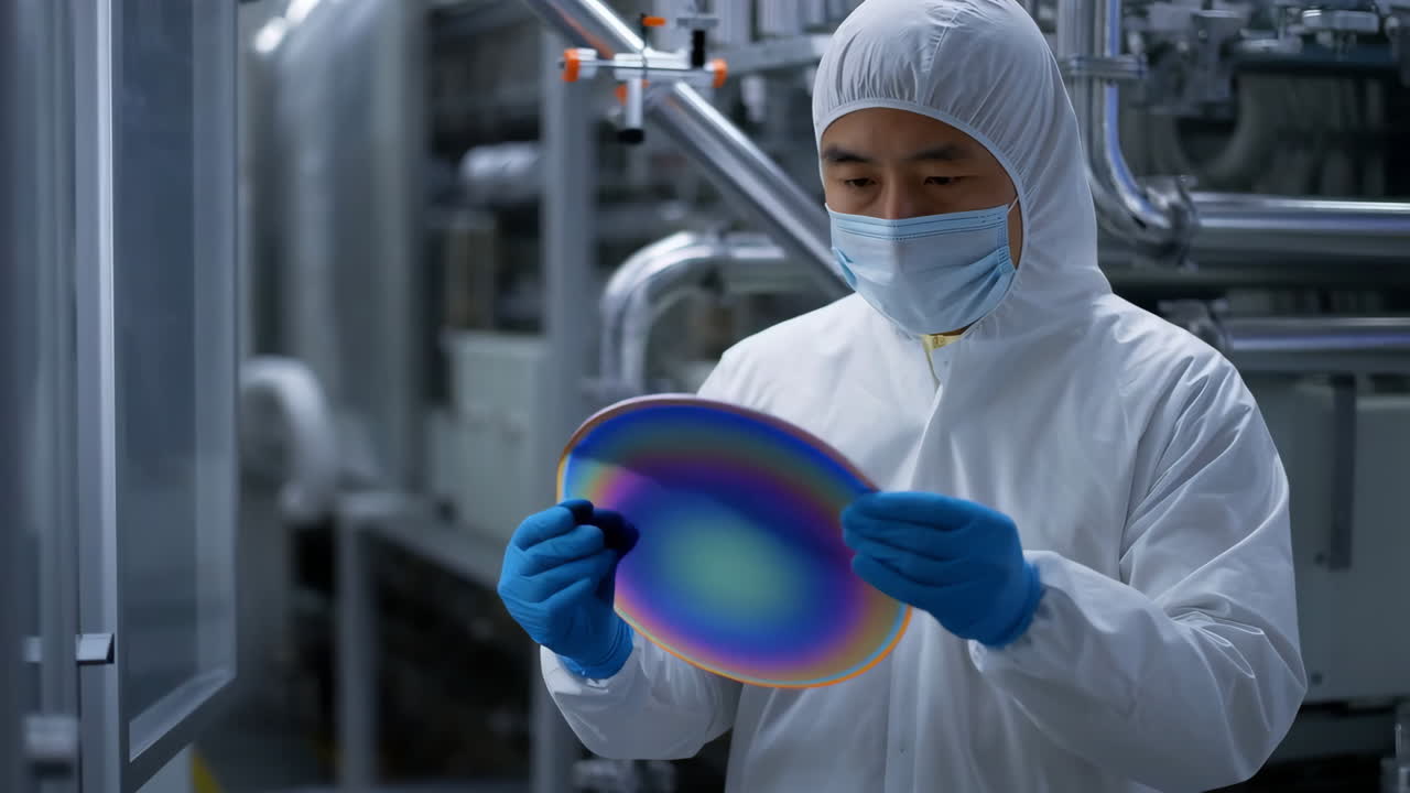 Engineer in Cleanroom Examining a Silicon Wafer