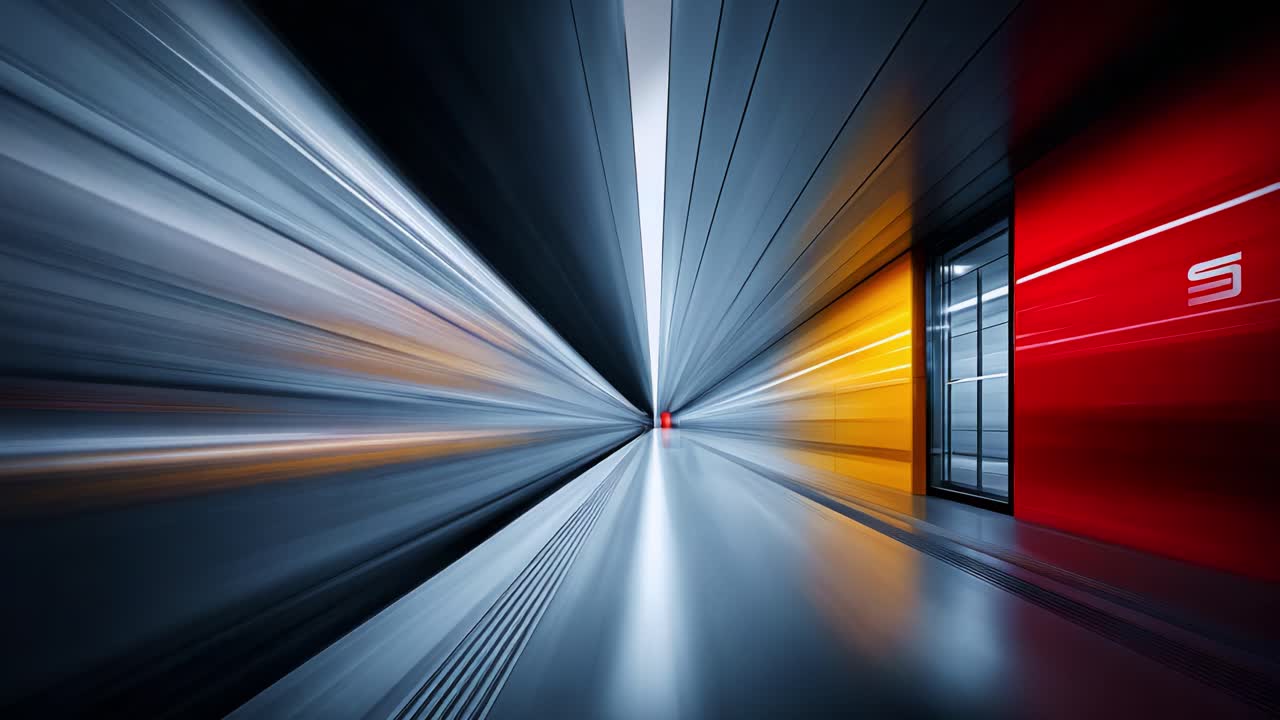 A Futuristic Tunnel Scene Showcasing Dynamic Light Trails and Modern Architectural Elements with Vivid Colors, Creating an Immersive Perspective Experience Within an Urban Environment