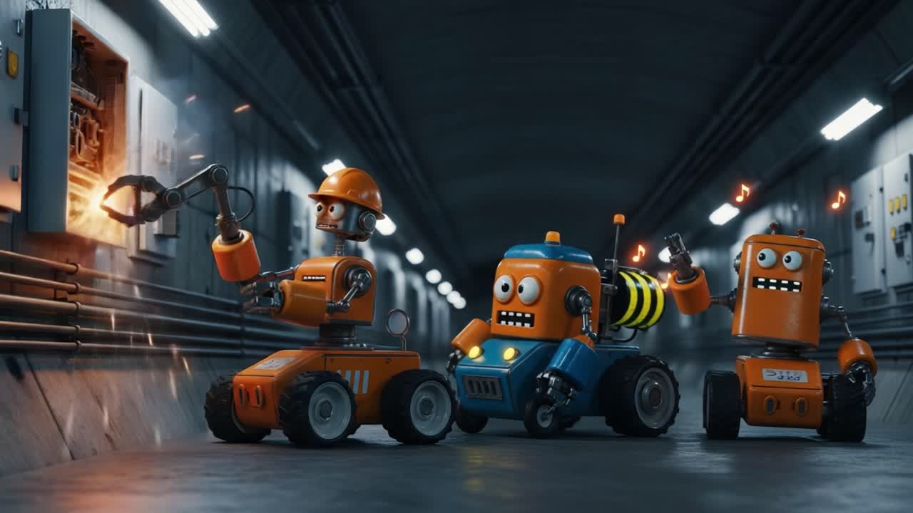 A Delightful Scene of Colorful Robots Engaging in A Playful Exploration of Their High-Tech Underground Environment, Showcasing Their Unique Functions and Personalities
