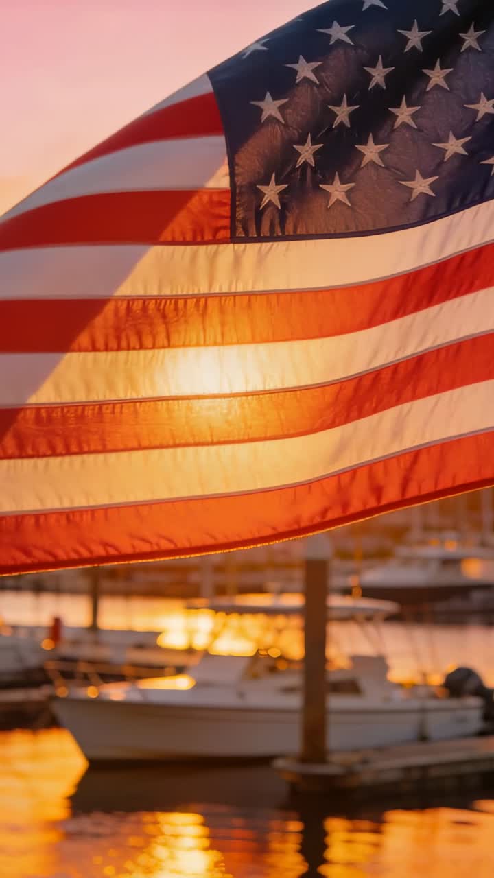 Bandiera americana che sventola al tramonto su un porto turistico con imbarcazioni
