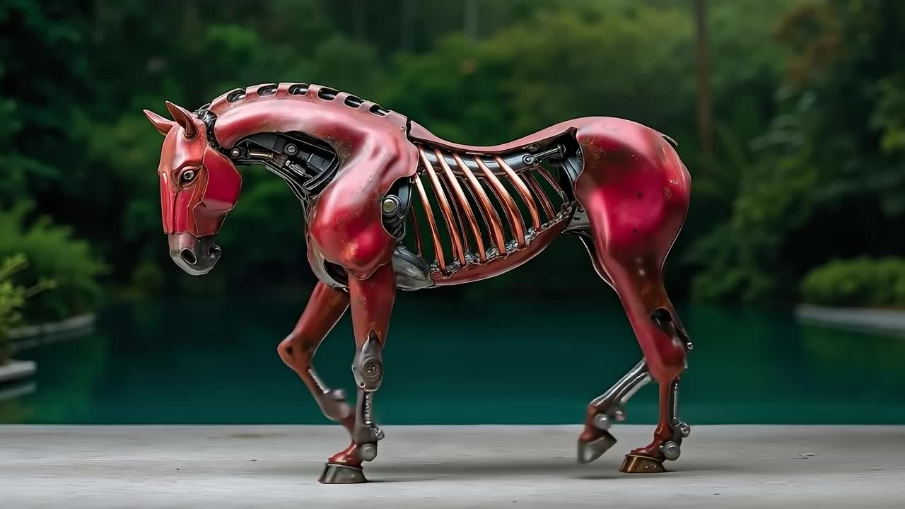 A red horse with a skeleton on it's back walking on a concrete surface