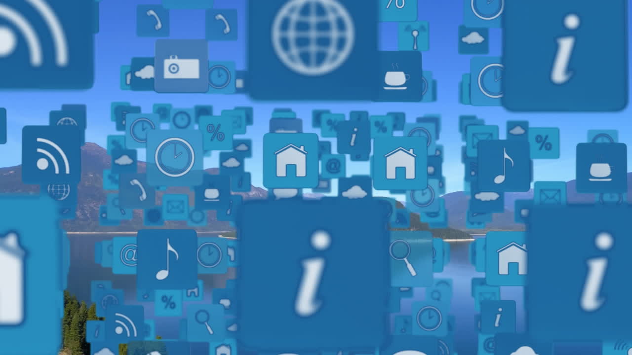 animación de iconos digitales flotando sobre el paisaje