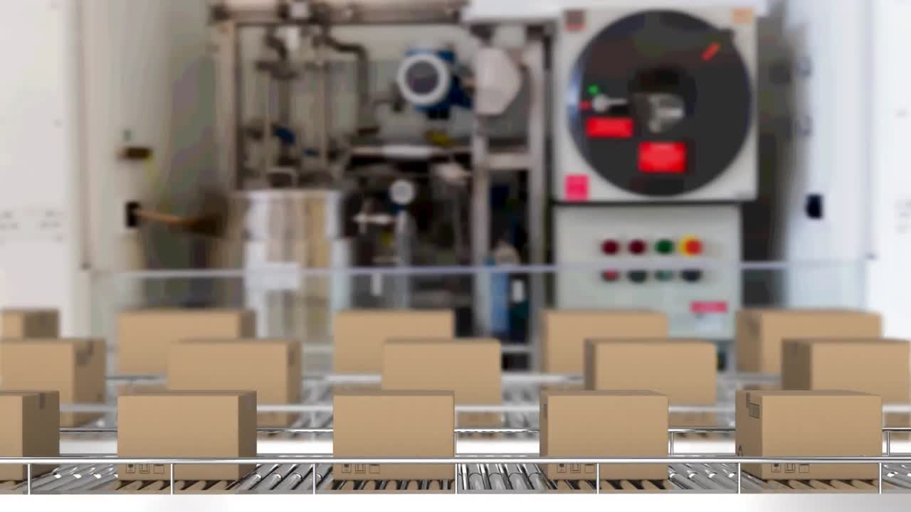창고의 컨베이어 벨트에 있는 카드보드 상자의 애니메이션
