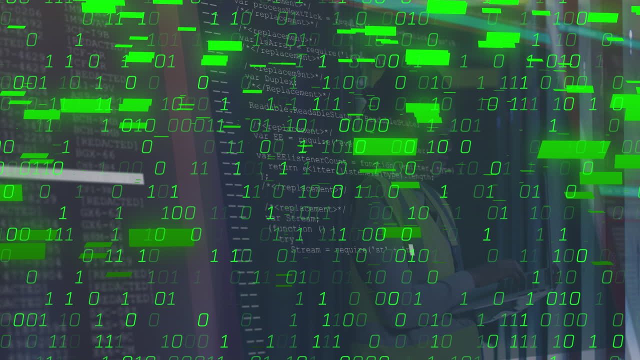 animação de codificação binária sobre africana americana mulher técnico de ti e servidores de computador.