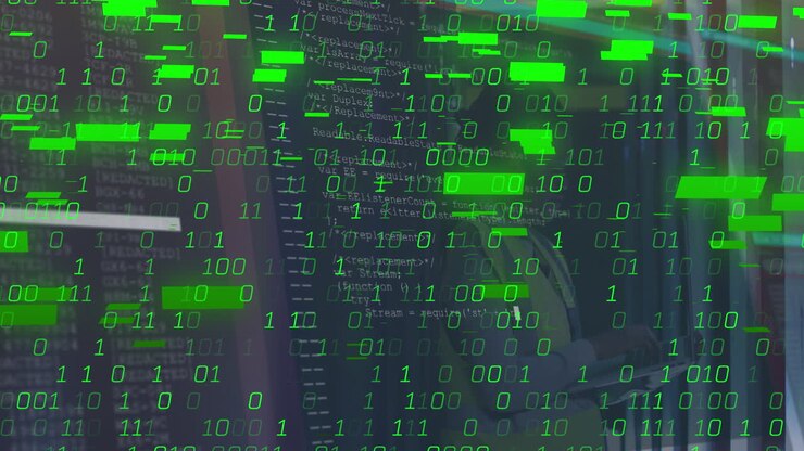 Animation of binary coding over african american female it technician and computer servers