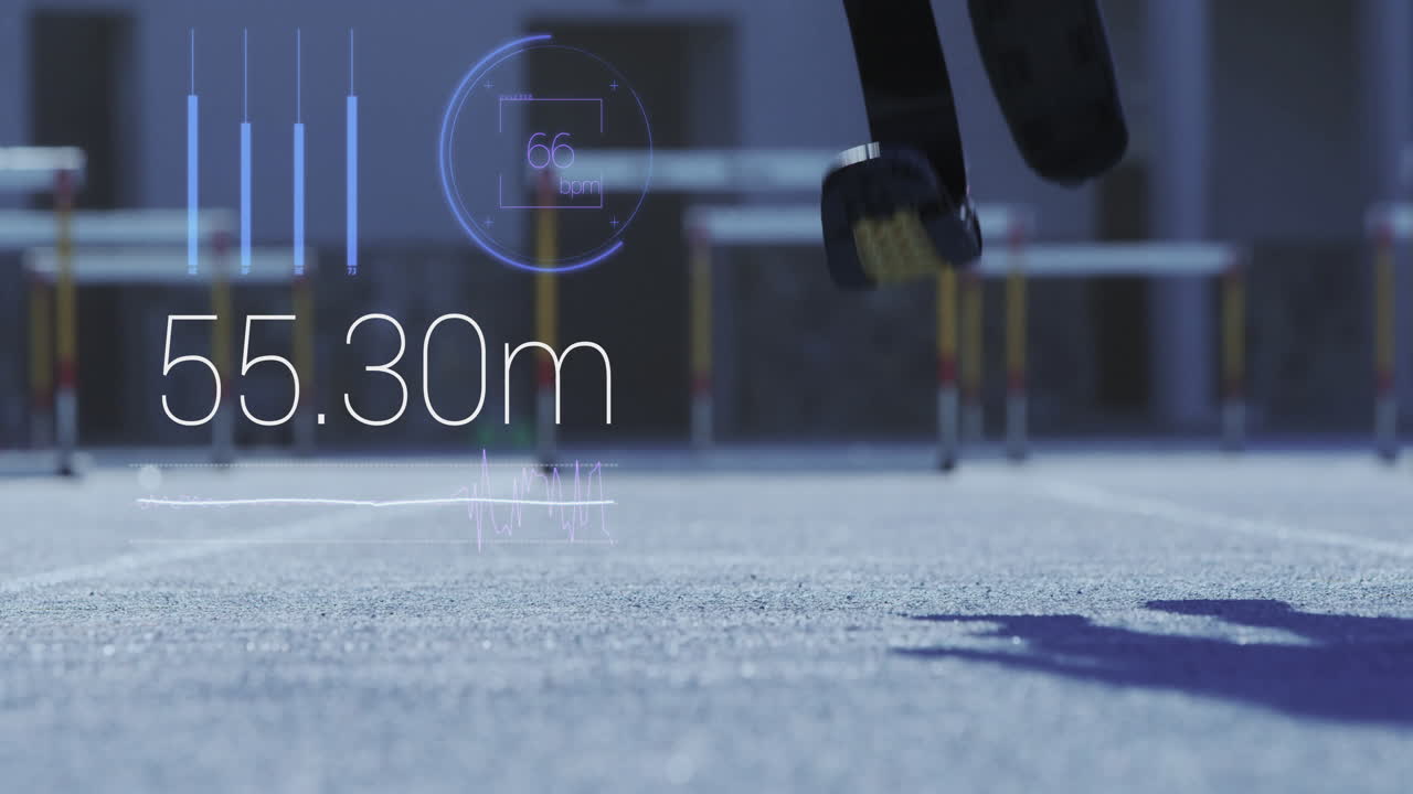 Animation of time measuring and disabled athlete with prosthetic legs running on a racing track