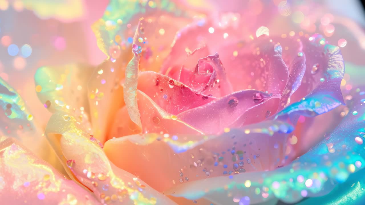 Close-up of a rose with rainbow hues and dewdrops, creating a dreamy, ethereal vibe