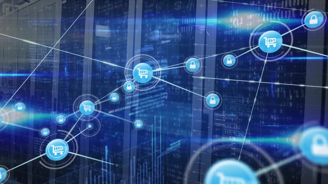 Animation of network of connections with icons over servers