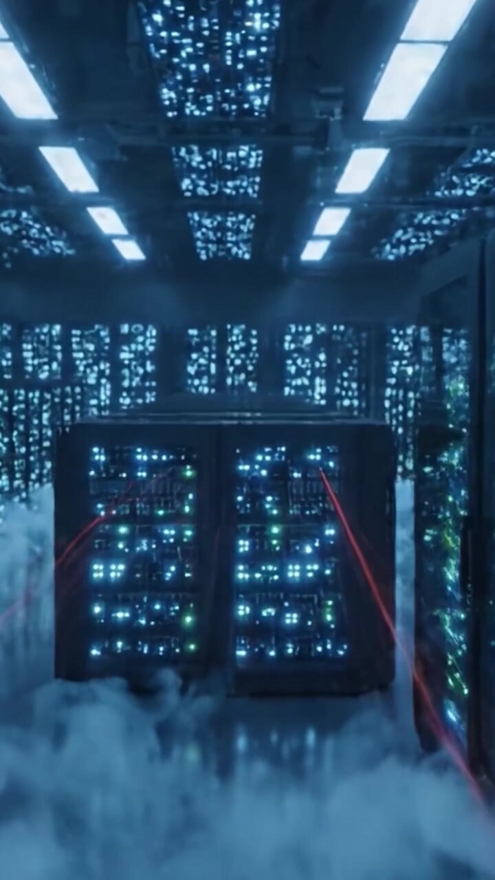 A Futuristic Data Center: Illuminated Server Racks and Vapor Effects in a High-Tech Environment Emphasizing Modern Technology and Connectivity